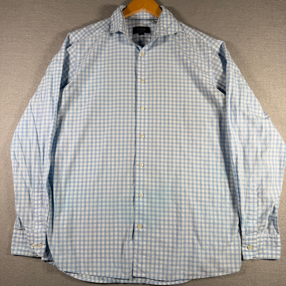 Eton Slim Fit Gingham Check Button Down Shirt Mens Blue‎ White Cotton 13509
